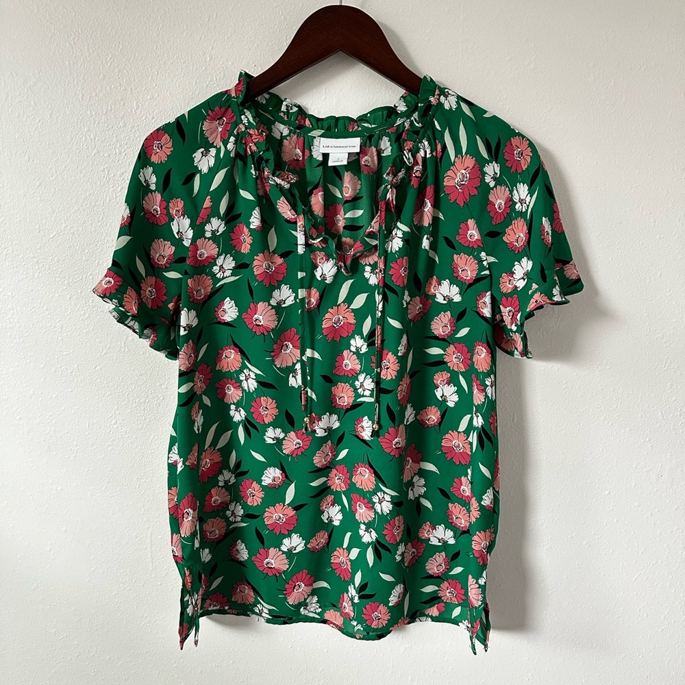 Liz Claiborne Green and Pink Floral Blouse